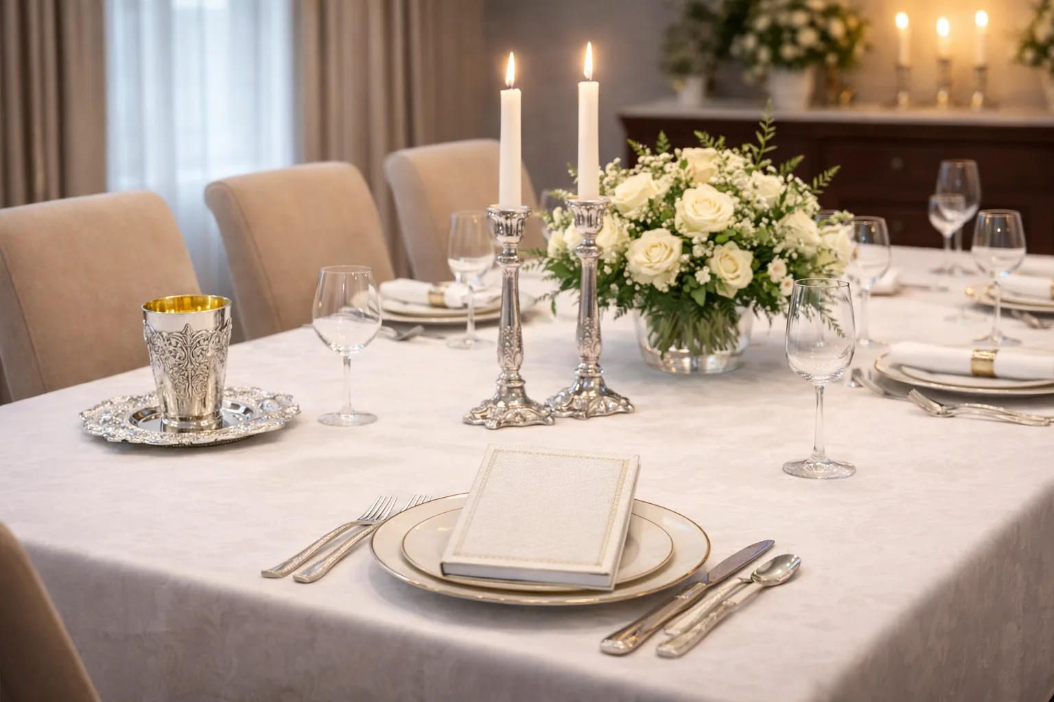 Elegant Yom Tov holiday table with white linens, candles, and fine dining